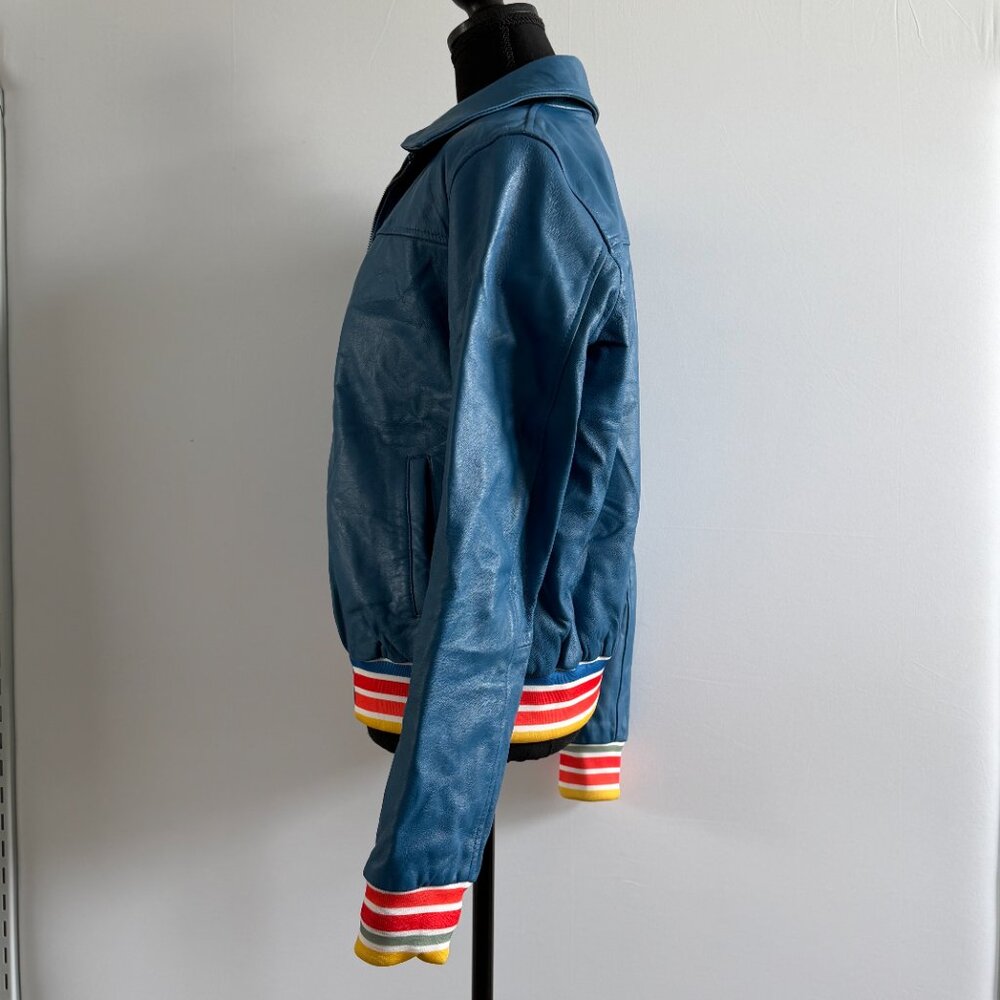 Evil Kristen Bouchard Blue Leather Retro Rainbow Aviator Jacket L/XL - Picture 6 of 16